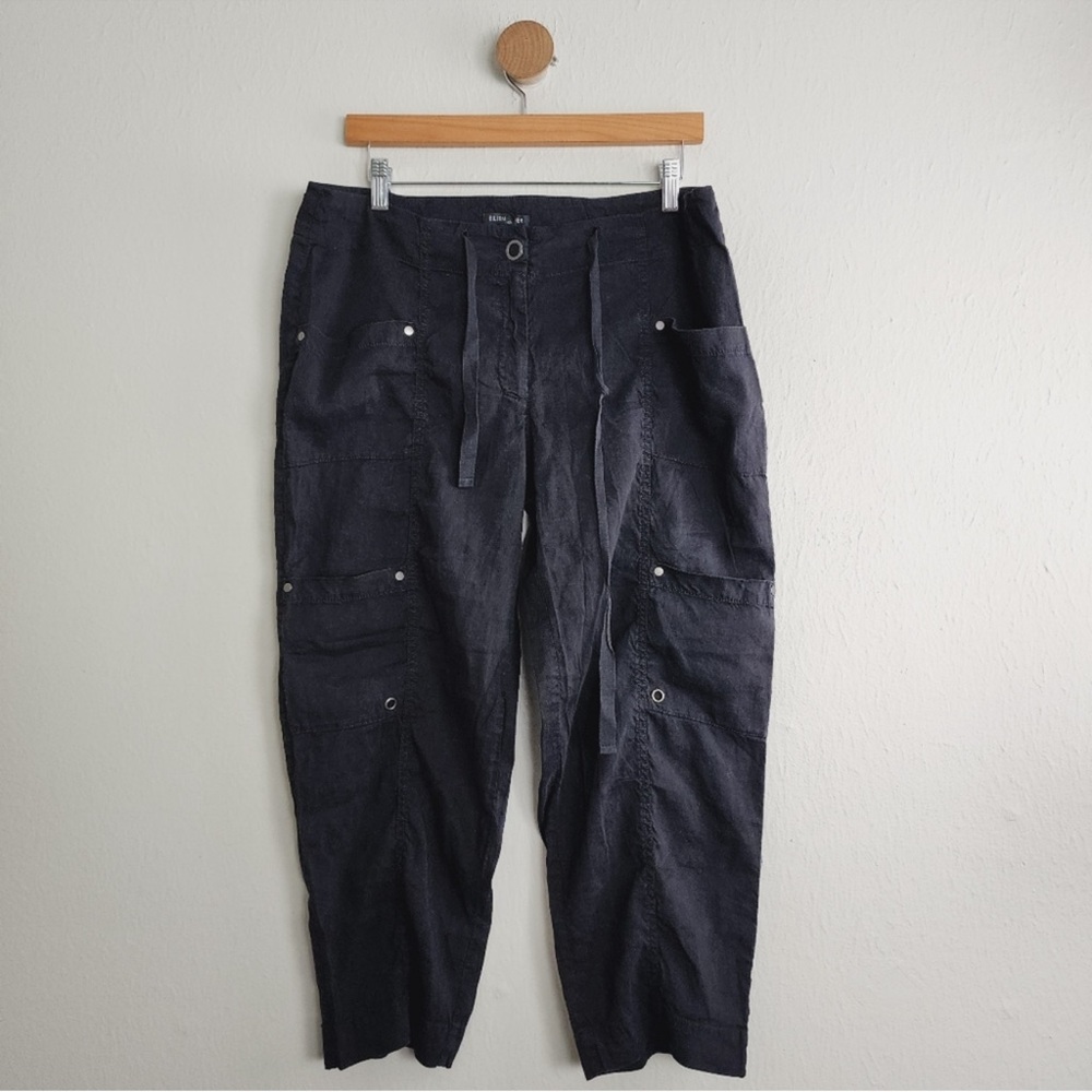 Eileen Fisher Black Organic Linen Cargo Utility Drawstring Cropped Ankle Pant